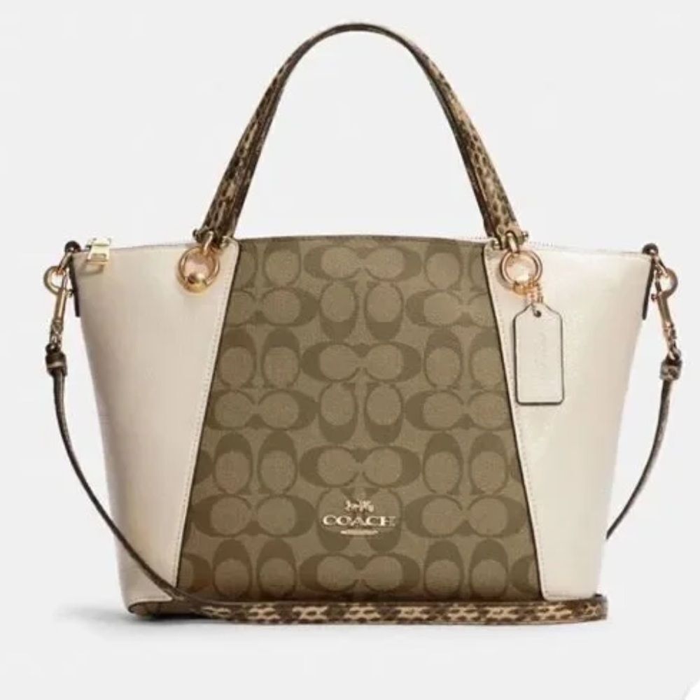 COACH Kacey Small Satchel In Colorblock Signature Canvas Leather Khaki / Cream